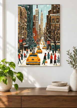 Yellow Cabs in Winter wall art displayed above a walnut console against a white wall