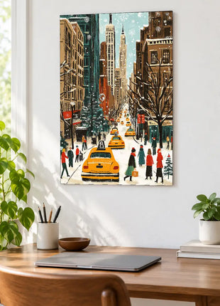 Yellow Cabs in Winter wall art displayed above a wooden desk against a white wall