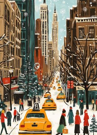 A queue of yellow taxis recedes along a snowy city street between tall brown and green buildings, with pedestrians and white snowflake motifs; Yellow Cabs in Winter artwork