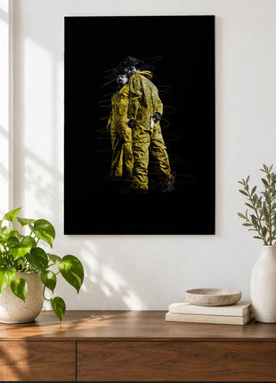 Yellow Suits in the Void acrylic wall art displayed above a wooden console with plants and books against a white wall.