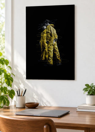 Yellow Suits in the Void acrylic wall art displayed above a wooden desk with a laptop, plants and books against a white wall.