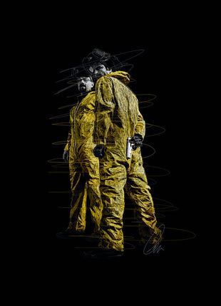 Two figures in yellow protective suits with respirators raised above their faces, one holding a lowered handgun on black.