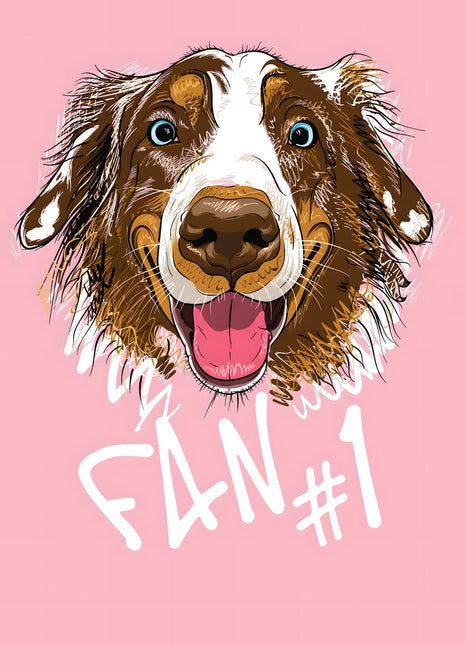 Happy brown-and-white dog with blue eyes above Fan #1 lettering on pink