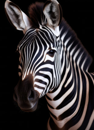 Zebra in three-quarter view facing left, with a striped neck and swept-back mane on black.