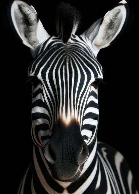 Front-facing zebra with upright black mane and bold white facial stripes on black.