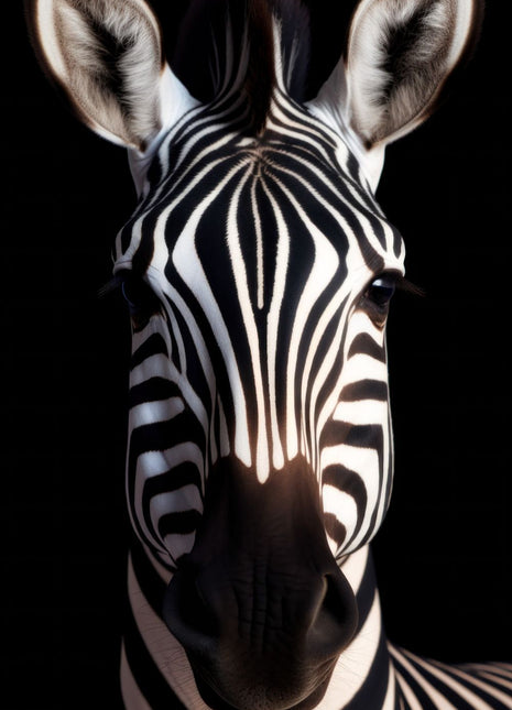 Front-facing zebra with bright white stripes and a warm amber highlight above the dark muzzle.