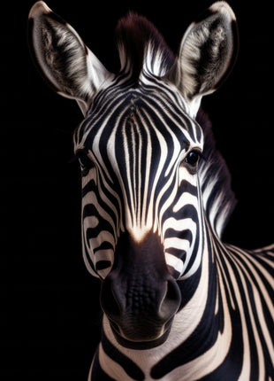Zebra facing the viewer with a striped shoulder extending right against black.