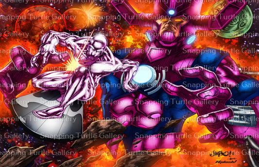 “Devourer’s Herald – Silver Surfer and Galactus Wall Art in vibrant cosmic style on canvas, acrylic, or metal.”

