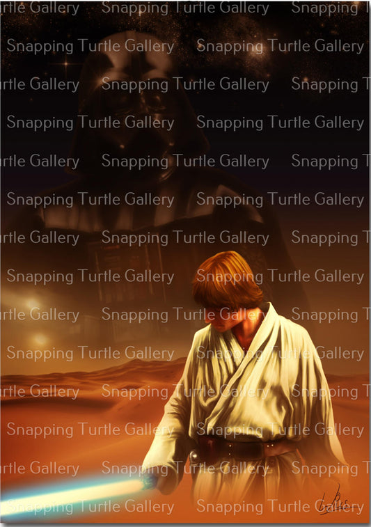 "Destiny Divided – Luke Skywalker & Darth Vader Wall Art on canvas, acrylic, and metal – Luke on Tatooine with Vader’s shadow looming behind."