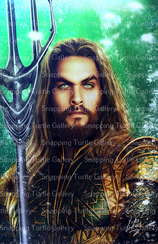 "Tidebreaker – Aquaman Wall Art featuring Jason Momoa in a Justice League pose, holding trident, with waves crashing behind."
