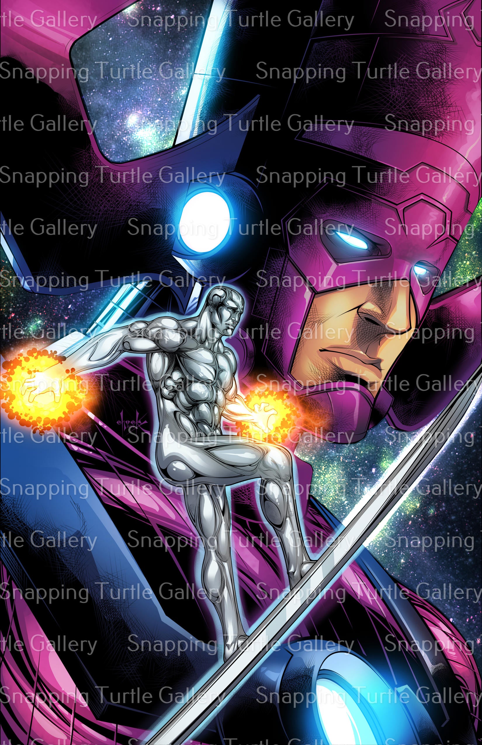 "Cosmic Devourer – Galactus & Silver Surfer Wall Art on canvas, acrylic, and metal – Galactus in the stars with Silver Surfer gliding below."


